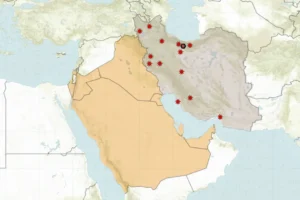 Map showing US and Iranian military positions and key locations in the Middle East.