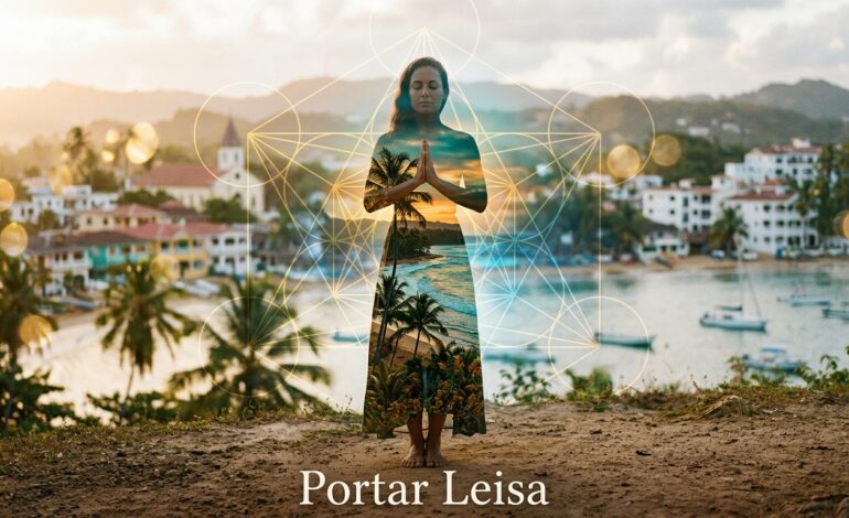 An artistic double exposure of a woman meditating with a tropical beach sunset inside her silhouette, featuring sacred geometry overlays and the text "Portar Leisa" against a coastal village background.