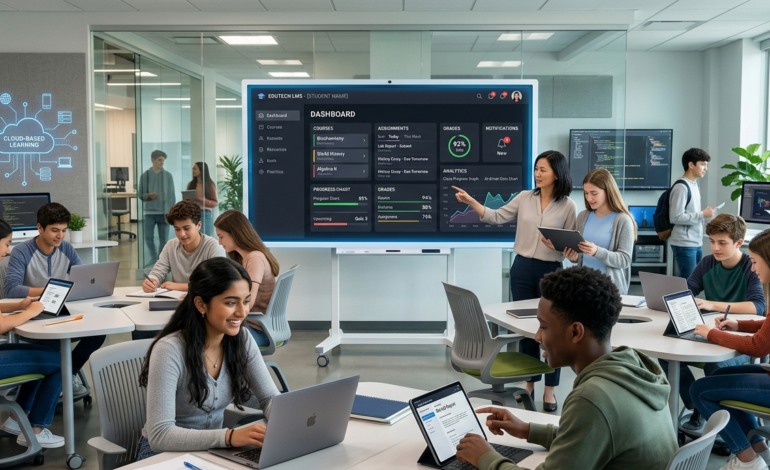 Schoology Alfa dashboard interface displayed in a modern digital classroom with students using laptops for online learning