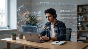 A realistic photo of a man wearing headphones at a laptop, with a glowing holographic overlay showing complex decision loops, task management flows, and daily routines.