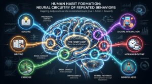 Diagram illustrating betanden habit formation through neural pathways, repeated behaviors, and the cue action reward habit loop in the brain.