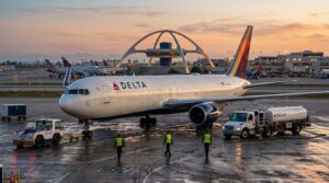 A Delta Airlines Boeing 767 parked on the LAX tarmac at sunset, with the iconic Theme Building in the background and ground crew working around the aircraft.