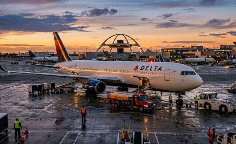 Wide shot of a Delta aircraft at LAX during sunset, showing various ground support vehicles, a Shell aviation fuel truck, and the airport terminal.