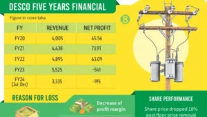 Infographic showing DESCO’s five-year financial performance and net profit losses through FY24.