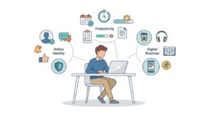 A flat-style illustration of a man sitting at a desk with a laptop, surrounded by icons representing online identity, productivity tools, and digital routines.