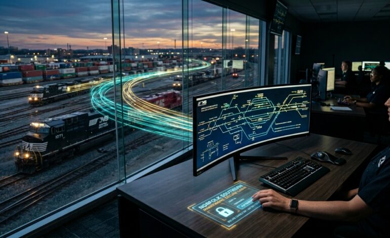 A railway control center at sunset showing a dispatcher at a desk with a curved monitor displaying track schematics, a glowing holographic "Norfolk Southern Mainframe Secure Login" interface, and trains outside with data light trails.